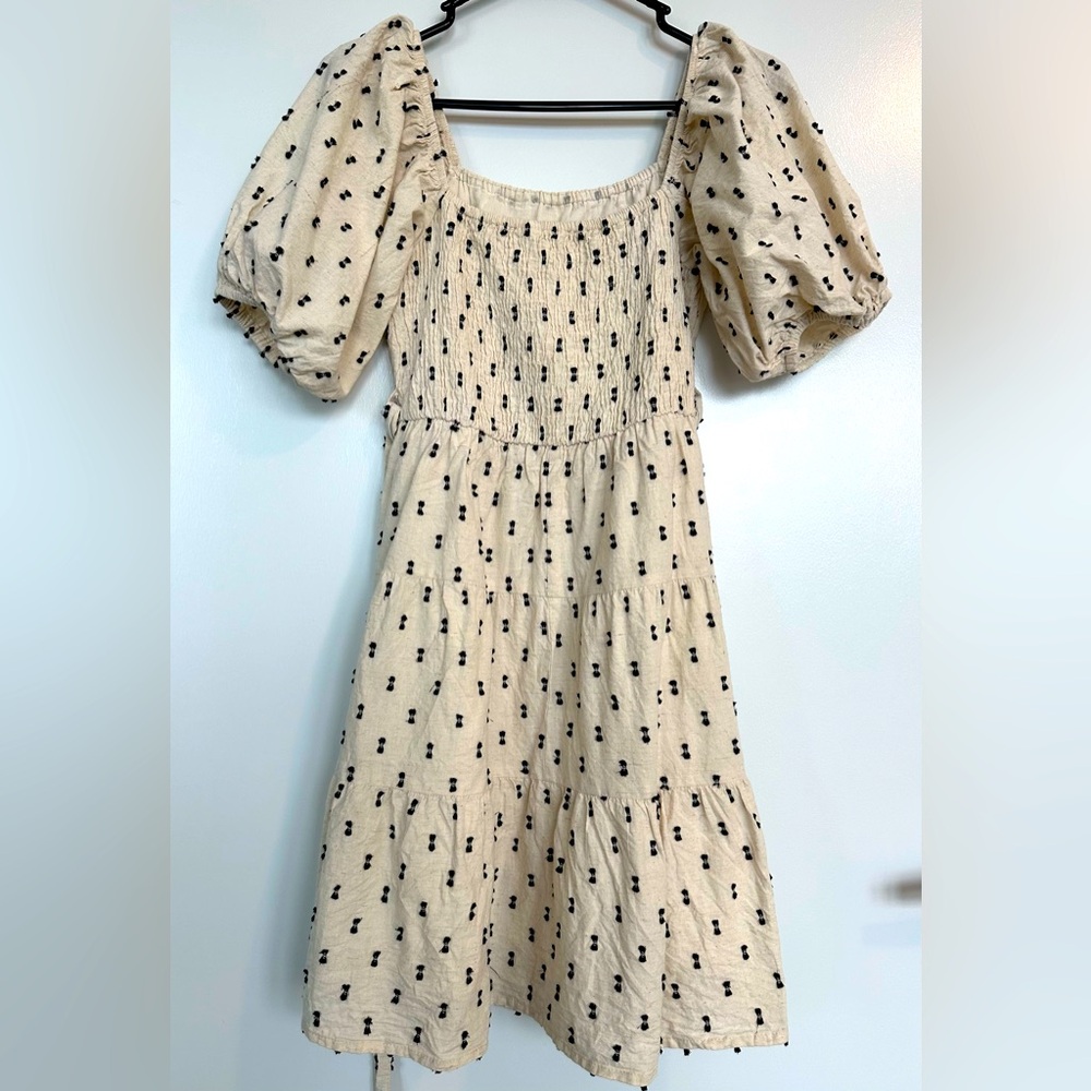 Cream Puff Sleeve Dress with Black Dots